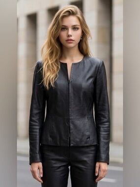 Calvin Klein Black Women’s 100% Genuine Leather Zip-Front Jacket